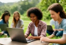 Nômades digitais trabalhando em um ambiente sustentável.