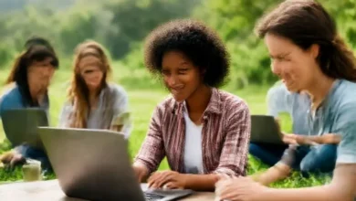 Nômades digitais trabalhando em um ambiente sustentável.