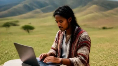 Um nômade digital trabalhando em um local deslumbrante.