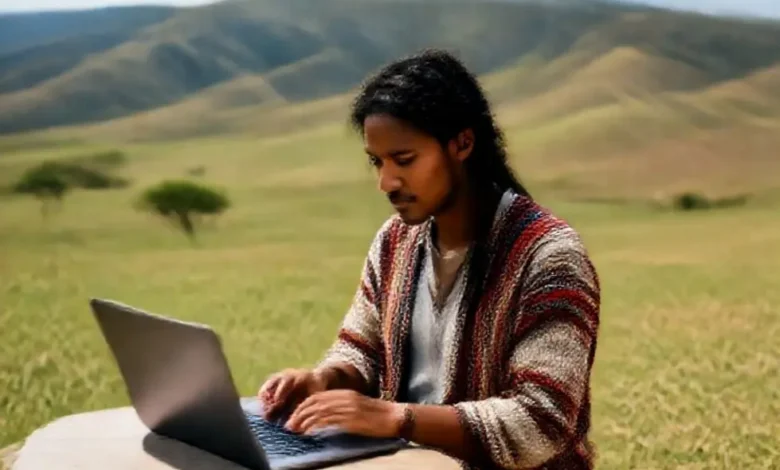 Um nômade digital trabalhando em um local deslumbrante.