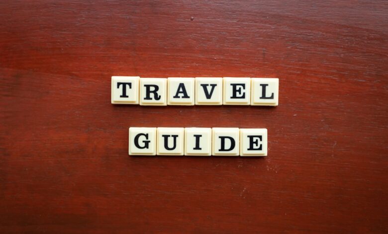 the word travel guide spelled with scrabble tiles