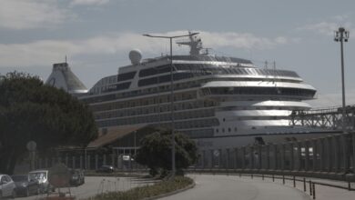 A large cruise ship docked in a harbor