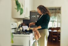 Woman cooking on a stovetop in a kitchen