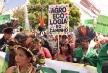 Indigenous people in traditional headdresses at a rally.