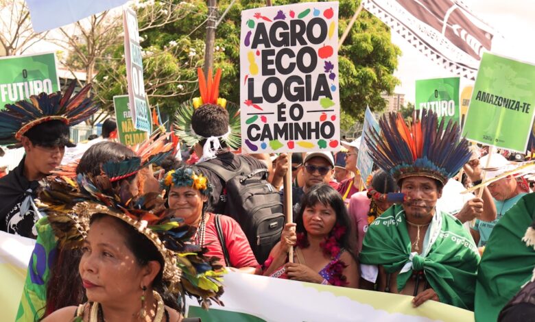 Indigenous people in traditional headdresses at a rally.