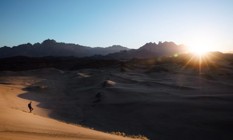 a person is walking in the desert at sunset